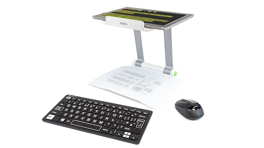 A Connect & Learn tablet positioned horizontally on a stand ready to scan a document.